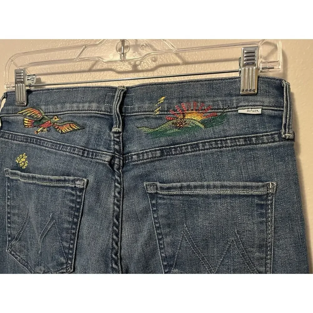 MOTHER The Mid Rise Dazzler Ankle Jeans Size 27 Blue Cherry Picking Bird Design - Picture 5 of 13